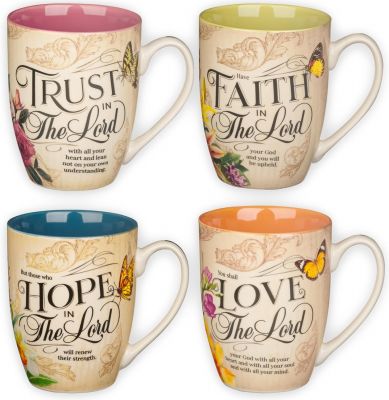Faith Trust Hope and Love Floral Mug Set