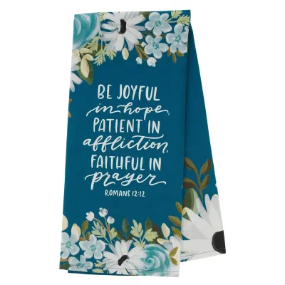 Be Joyful Blue Floral Cotton Tea Towel  Romans 12 12